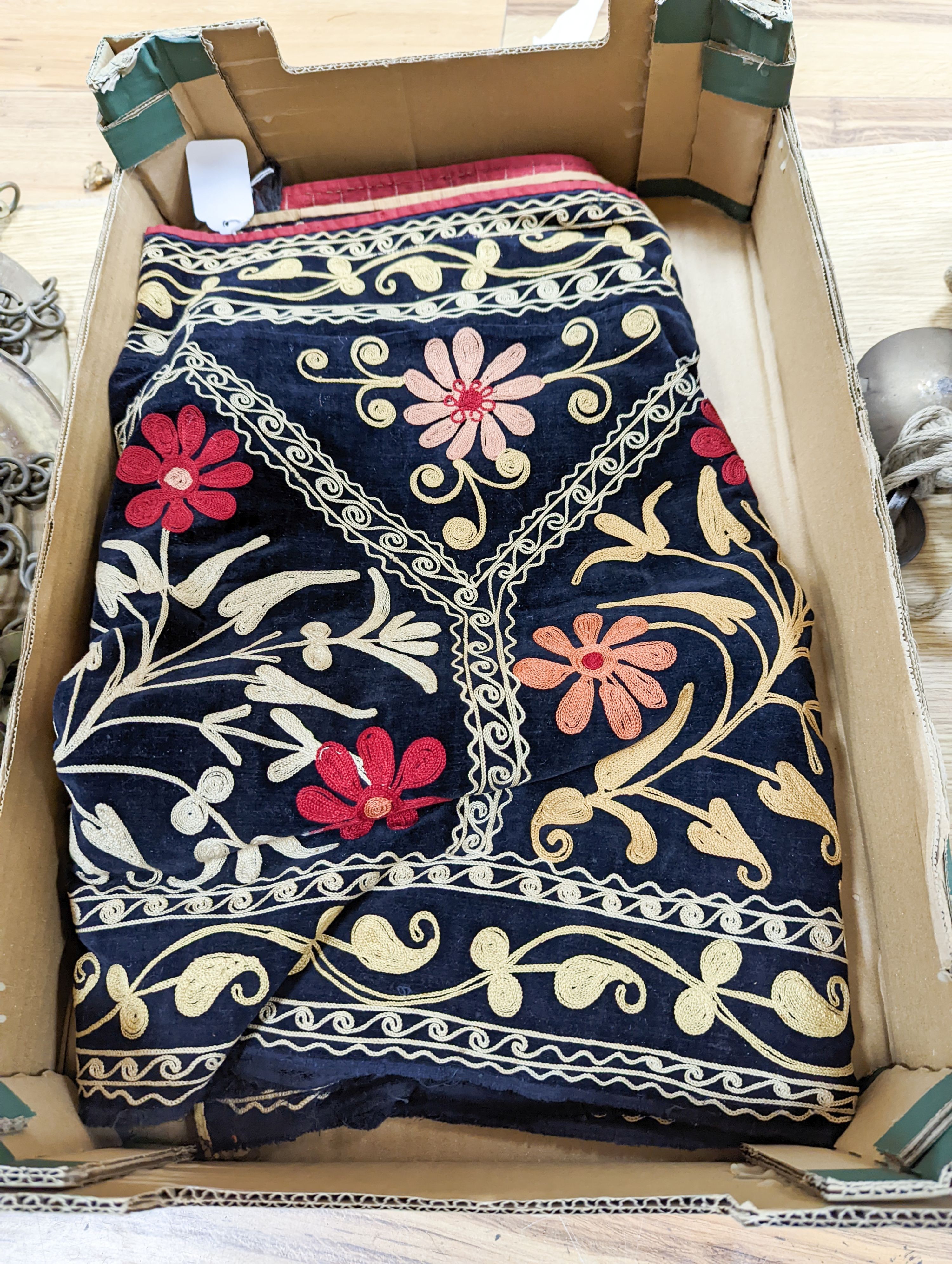 An Indian multicoloured chain stitch embroidered pelmet, a silk sari, two silk bodices and a length of silk chiffon